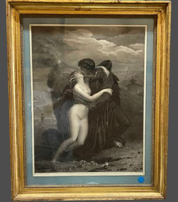 an old painting of a woman hugging a man in a field