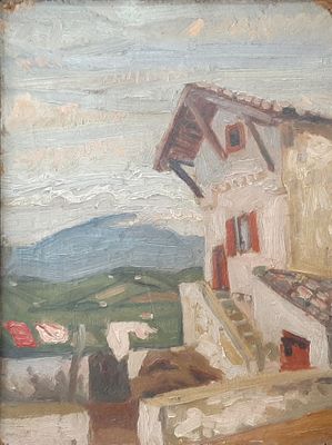 une peinture à l'huile représentant une maison avec du linge étendu à sécher sur une corde à linge