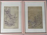 pair of two framed drawings of a river scene with a house and trees