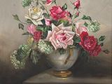 une peinture de roses dans un vase sur une table