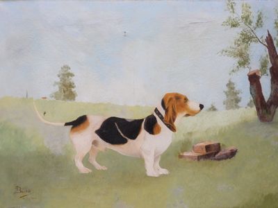 un tableau représentant un chien debout dans l'herbe