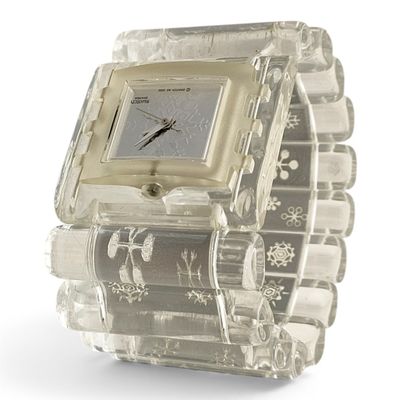 a clear watch with a square face on a clear bracelet