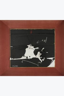 peinture en noir et blanc représentant une vache, dans un cadre en bois
