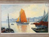 a painting of boats in the water with a city in the background