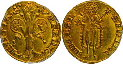 two gold coins, one of which is a woman and one of which is a man