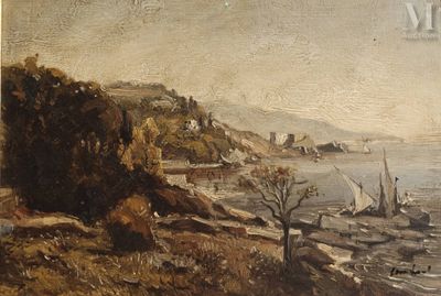 painting of a view of a body of water with boats in it