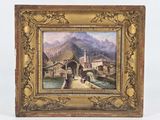 une vieille photo représentant un tableau d'un village avec un pont et une église