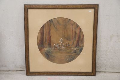 tableau encadré représentant un homme à cheval dans une forêt