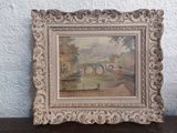 an old picture of a painting of a bridge over a body of water
