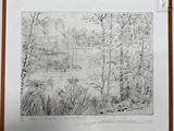 dessin au crayon représentant un paysage avec des arbres et un lac
