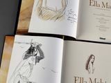 two pages of a book with a drawing of a woman in a hat