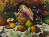 a painting of a still life with fruit and a pitcher