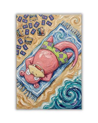 une image représentant un tableau où l'on voit un chat allongé sur une serviette à la plage