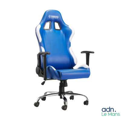 the office chair is blue and white with a black base