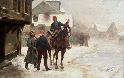 un tableau représentant un homme à cheval dans la neige