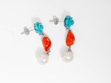 two pairs of earrings with pearls and turquoise and orange stones