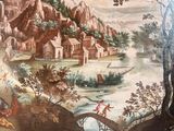 an image of a painting of a landscape with a river in the foreground and a village in the background