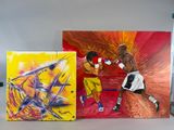 tableau représentant deux boxeurs s'affrontant sur un ring, sur fond rouge
