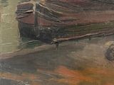 an oil painting of a boat sitting on top of a beach next to a body of water