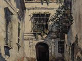 une peinture représentant une ruelle étroite avec un bâtiment en arrière-plan