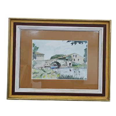 tableau représentant un pont enjambant un plan d'eau, avec une maison en arrière-plan