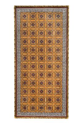 a brown and blue rug with a pattern on it