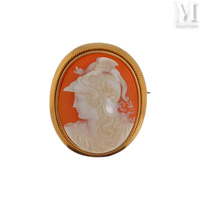 une broche camée représentant le profil d'une femme, de couleur orange et blanche