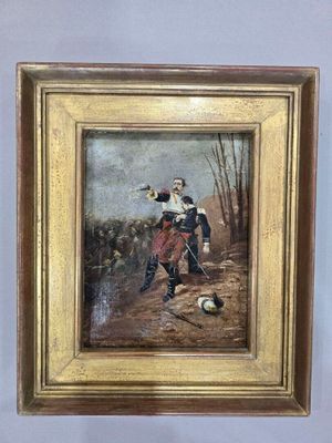 une peinture à l'huile représentant un homme avec un chien dans un champ