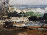 a painting of a beach scene with rocks and a body of water