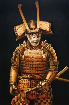 un tableau représentant un singe vêtu d'une armure et tenant une batte de baseball