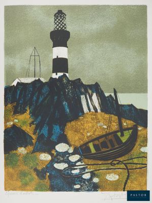 un tableau représentant un phare et un bateau sur le rivage