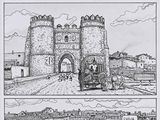 a black and white drawing of a horse drawn carriage