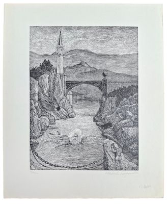 une image représentant un dessin d'un pont enjambant un plan d'eau
