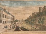 drawing of a view of a city with a castle in the background
