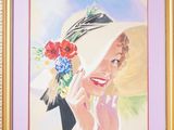 tableau représentant une femme coiffée d'un chapeau et tenant un bouquet de fleurs