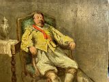 painting of a man sitting in a chair next to a table