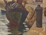 a painting of a boat in the water near a building