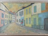 tableau représentant une femme marchant dans une rue devant une rangée d'immeubles