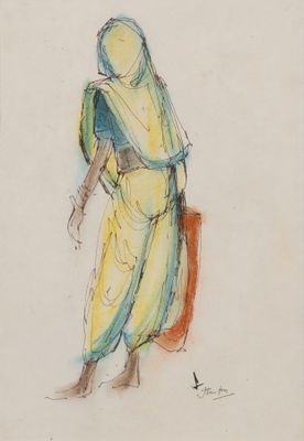 une image représentant le dessin d'une femme en robe jaune