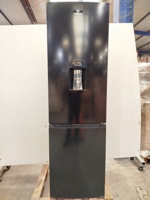 an image of a black refrigerator in a warehouse