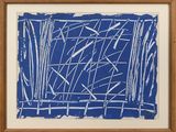 une image représentant une peinture bleue et blanche représentant des tiges de bambou