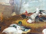 a painting of ducks and chickens in a barn