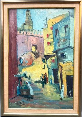 Ecole orientaliste XXe, scène de rue animée, Huile sur isore…