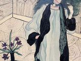 a painting of a woman standing in front of a vase of flowers