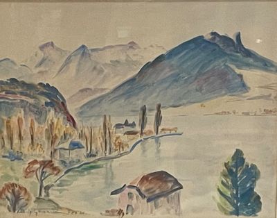 a watercolor painting of a landscape with mountains in the background