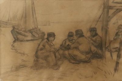 dessin représentant un groupe de personnes assises sur une plage à côté d'un bateau