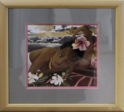 painting of a woman laying on a bed with flowers in her hair