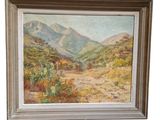 un tableau représentant un paysage désertique avec des montagnes en arrière-plan