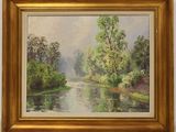 an oil painting of a river with trees in the background