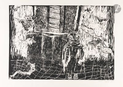 un dessin en noir et blanc représentant un homme et un chat
